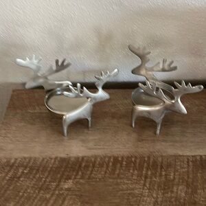 Set of 2 Crate & Barrel 507-558 Reindeer Pillar Candle Holders Silver holiday 4”